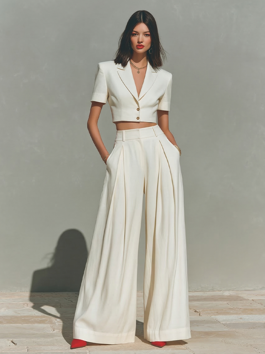 Women's Ivory Linen-Blend Two-Piece Set With Cropped Blazer & Pleated Wide-Leg Pants, Modern Power-Suit Style Outfit MDZ1500D5LYL