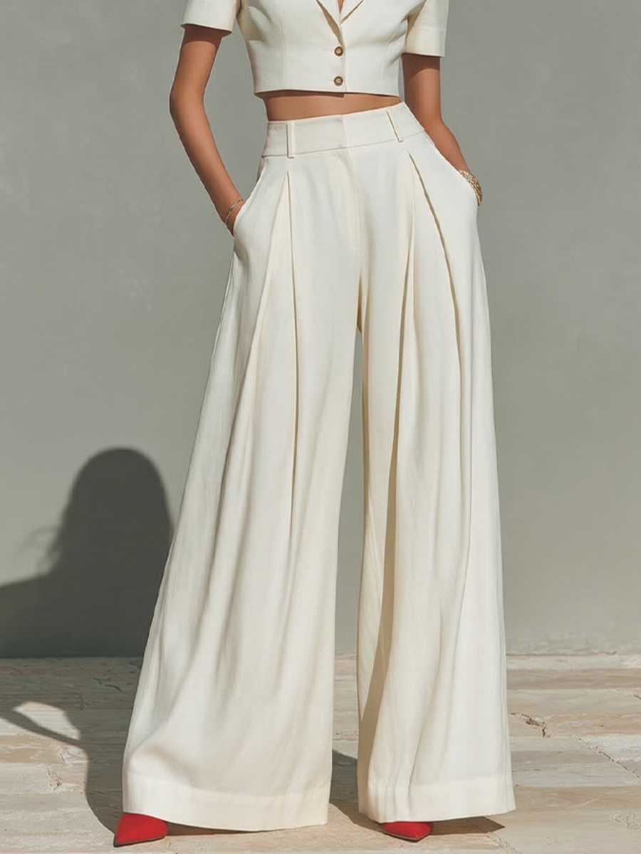 Women's Ivory Linen-Blend Two-Piece Set With Cropped Blazer & Pleated Wide-Leg Pants, Modern Power-Suit Style Outfit MDZ1500D5LYL