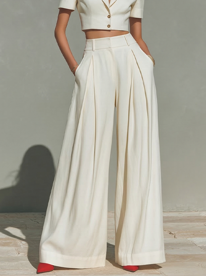 Women's Ivory Linen-Blend Two-Piece Set With Cropped Blazer & Pleated Wide-Leg Pants, Modern Power-Suit Style Outfit MDZ1500D5LYL