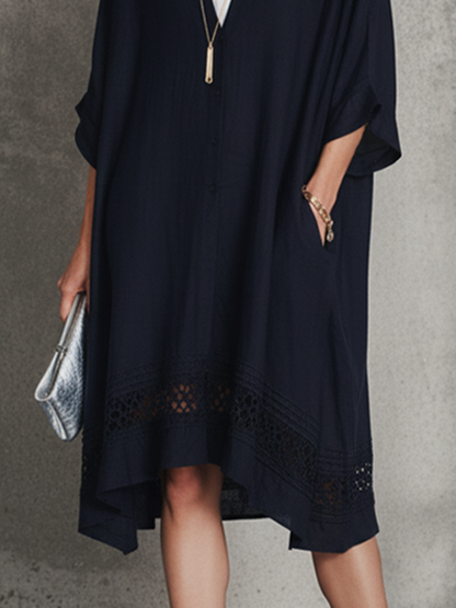 Women's Casual Navy Blue Cotton-Linen Patchwork White Cotton Blend Shirt Collar Short Sleeve Loose Midi Dress MDZ1695D3GMJ