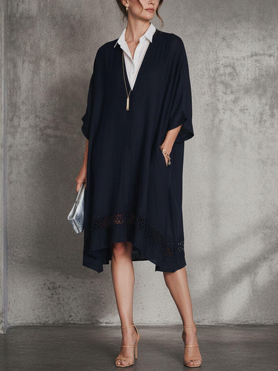 Women's Casual Navy Blue Cotton-Linen Patchwork White Cotton Blend Shirt Collar Short Sleeve Loose Midi Dress MDZ1695D3GMJ