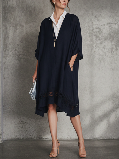 Women's Casual Navy Blue Cotton-Linen Patchwork White Cotton Blend Shirt Collar Short Sleeve Loose Midi Dress MDZ1695D3GMJ