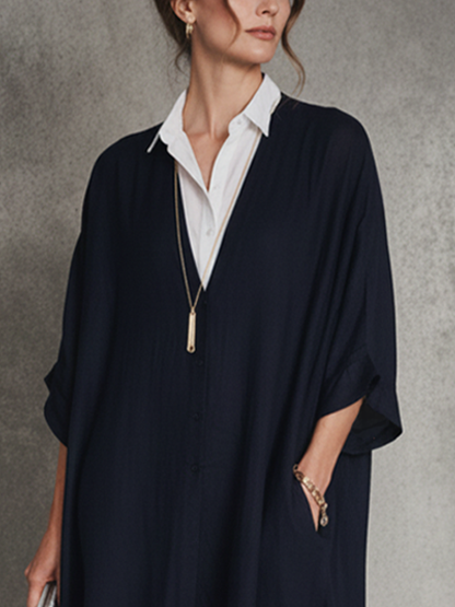 Women's Casual Navy Blue Cotton-Linen Patchwork White Cotton Blend Shirt Collar Short Sleeve Loose Midi Dress MDZ1695D3GMJ