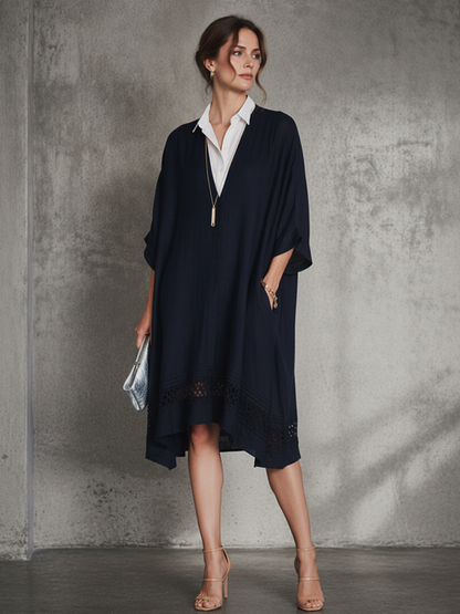 Women's Casual Navy Blue Cotton-Linen Patchwork White Cotton Blend Shirt Collar Short Sleeve Loose Midi Dress MDZ1695D3GMJ