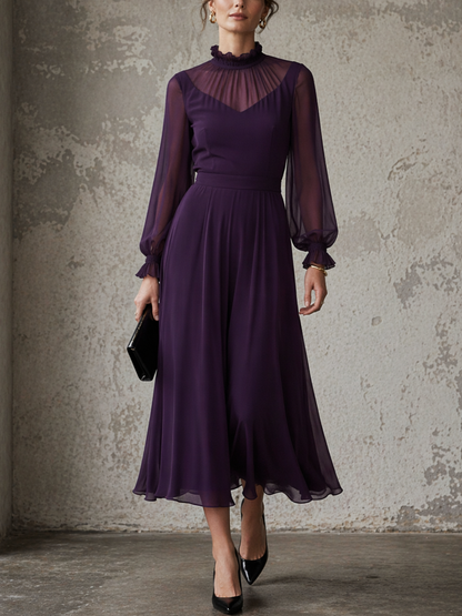 Women's Elegant Purple Chiffon Fashionable Lantern Sleeve High-Neck Slim Waist A-line Long Dress MDZ1679D2GMJ