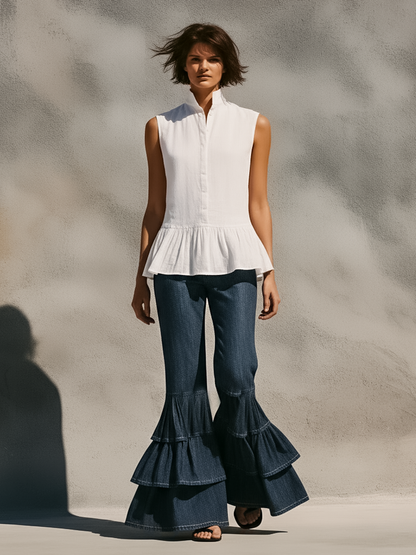 Women's Minimalist Sleeveless Linen-Blend Shirt & Ruffled-Hem Jeans Set MDZ1777D8Y
