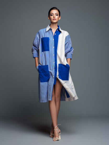Women's Modern Minimalist Deconstructed-Style Blue And White Striped Patchwork Shirt Dress MDZ2069D9ZJW