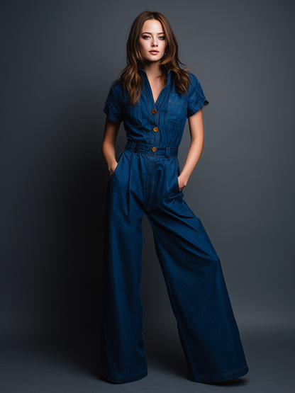 Women's Modern Minimalist Retro-Style Workwear: Blue Denim Short-Sleeve Jumpsuit MDZ2085D6ZJW