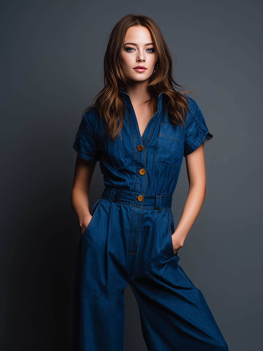 Women's Modern Minimalist Retro-Style Workwear: Blue Denim Short-Sleeve Jumpsuit MDZ2085D6ZJW