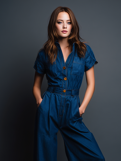 Women's Modern Minimalist Retro-Style Workwear: Blue Denim Short-Sleeve Jumpsuit MDZ2085D6ZJW