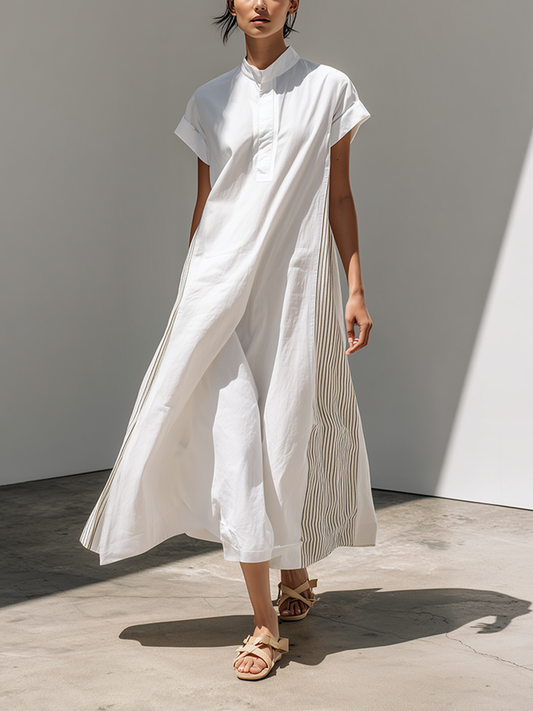 Women's Loose-Fit Dress With Stand Collar, White Stripes, And Patchwork Detail ¡ª Oriental Minimalist Zen Style MDZ2012D3ZJW