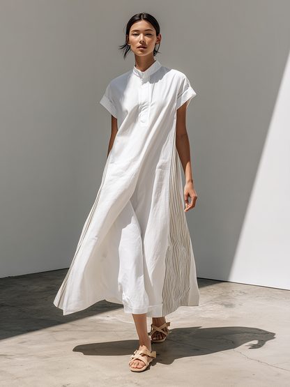 Women's Loose-Fit Dress With Stand Collar, White Stripes, And Patchwork Detail ¡ª Oriental Minimalist Zen Style MDZ2012D3ZJW