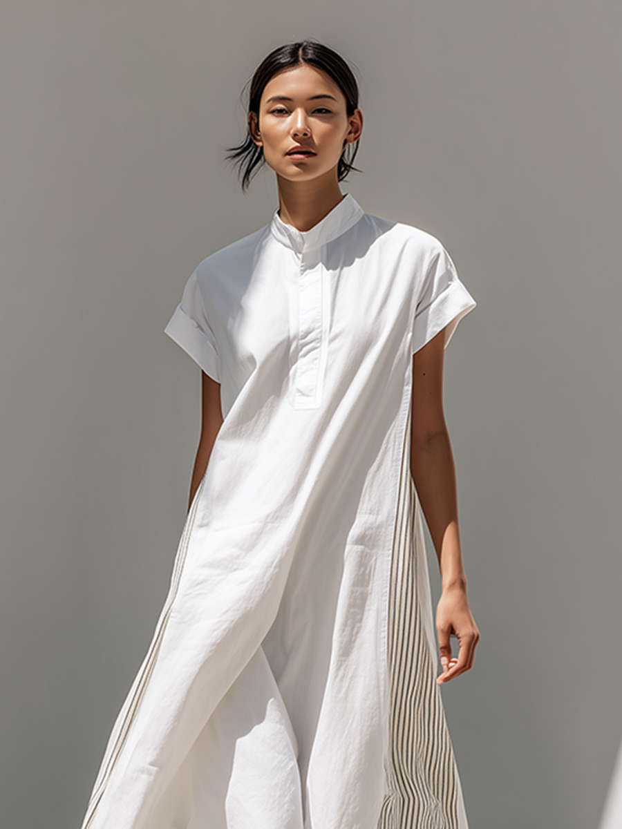 Women's Loose-Fit Dress With Stand Collar, White Stripes, And Patchwork Detail ¡ª Oriental Minimalist Zen Style MDZ2012D3ZJW