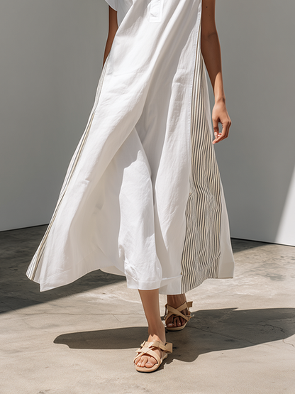 Women's Loose-Fit Dress With Stand Collar, White Stripes, And Patchwork Detail ¡ª Oriental Minimalist Zen Style MDZ2012D3ZJW