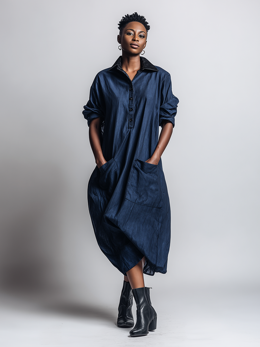 Women's Minimalist Workwear-Style Commuter Dress ¡ª Loose-Fit, Distressed Dark Blue, With Leather Collar MDZ2093D9ZJW