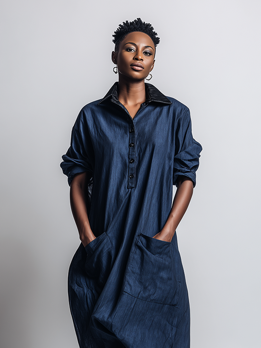 Women's Minimalist Workwear-Style Commuter Dress ¡ª Loose-Fit, Distressed Dark Blue, With Leather Collar MDZ2093D9ZJW