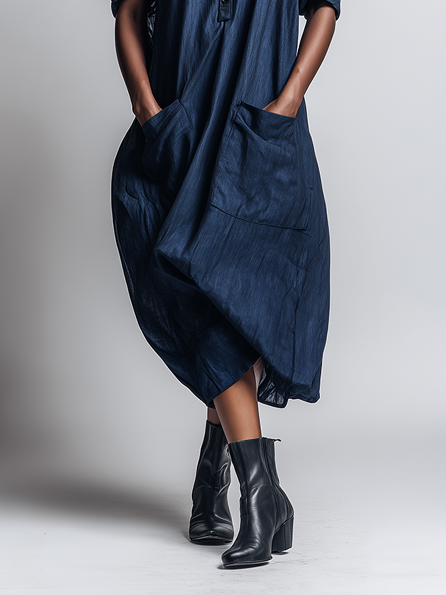 Women's Minimalist Workwear-Style Commuter Dress ¡ª Loose-Fit, Distressed Dark Blue, With Leather Collar MDZ2093D9ZJW