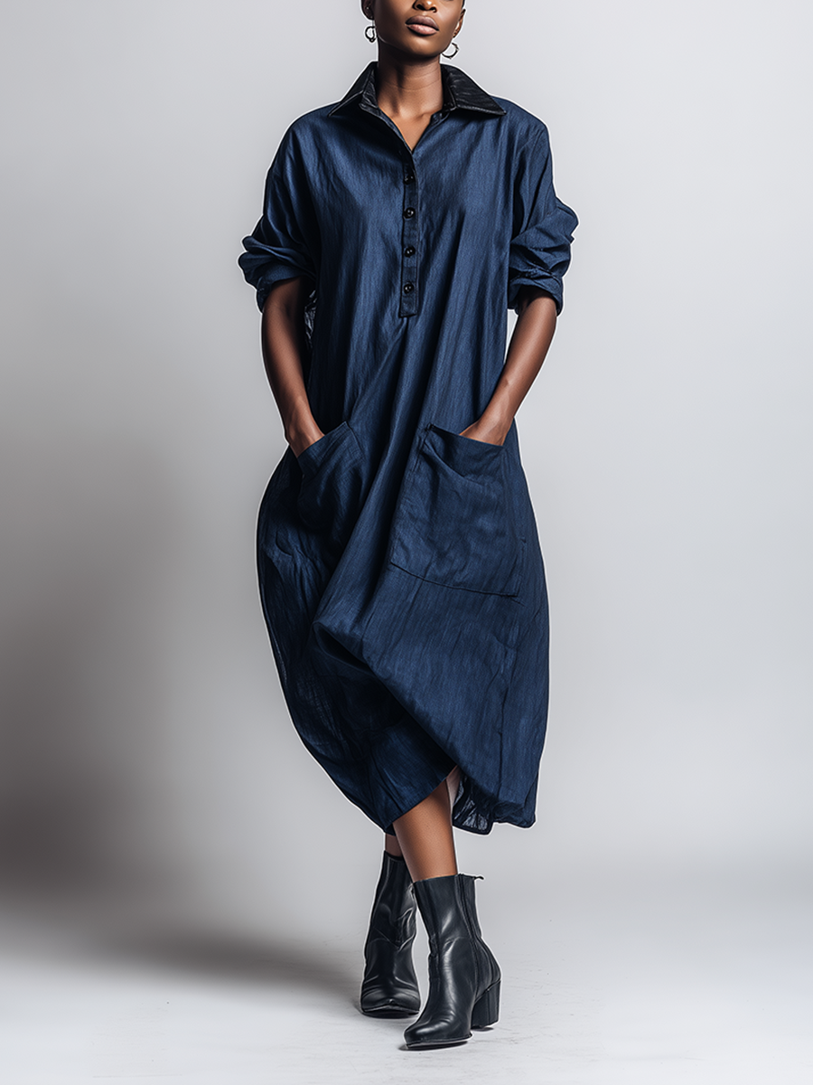 Women's Minimalist Workwear-Style Commuter Dress ¡ª Loose-Fit, Distressed Dark Blue, With Leather Collar MDZ2093D9ZJW