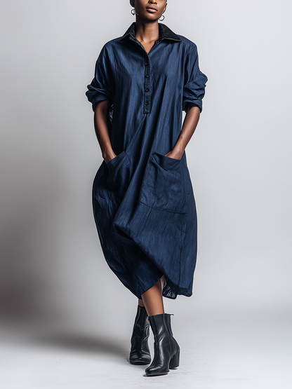 Women's Minimalist Workwear-Style Commuter Dress ¡ª Loose-Fit, Distressed Dark Blue, With Leather Collar MDZ2093D9ZJW