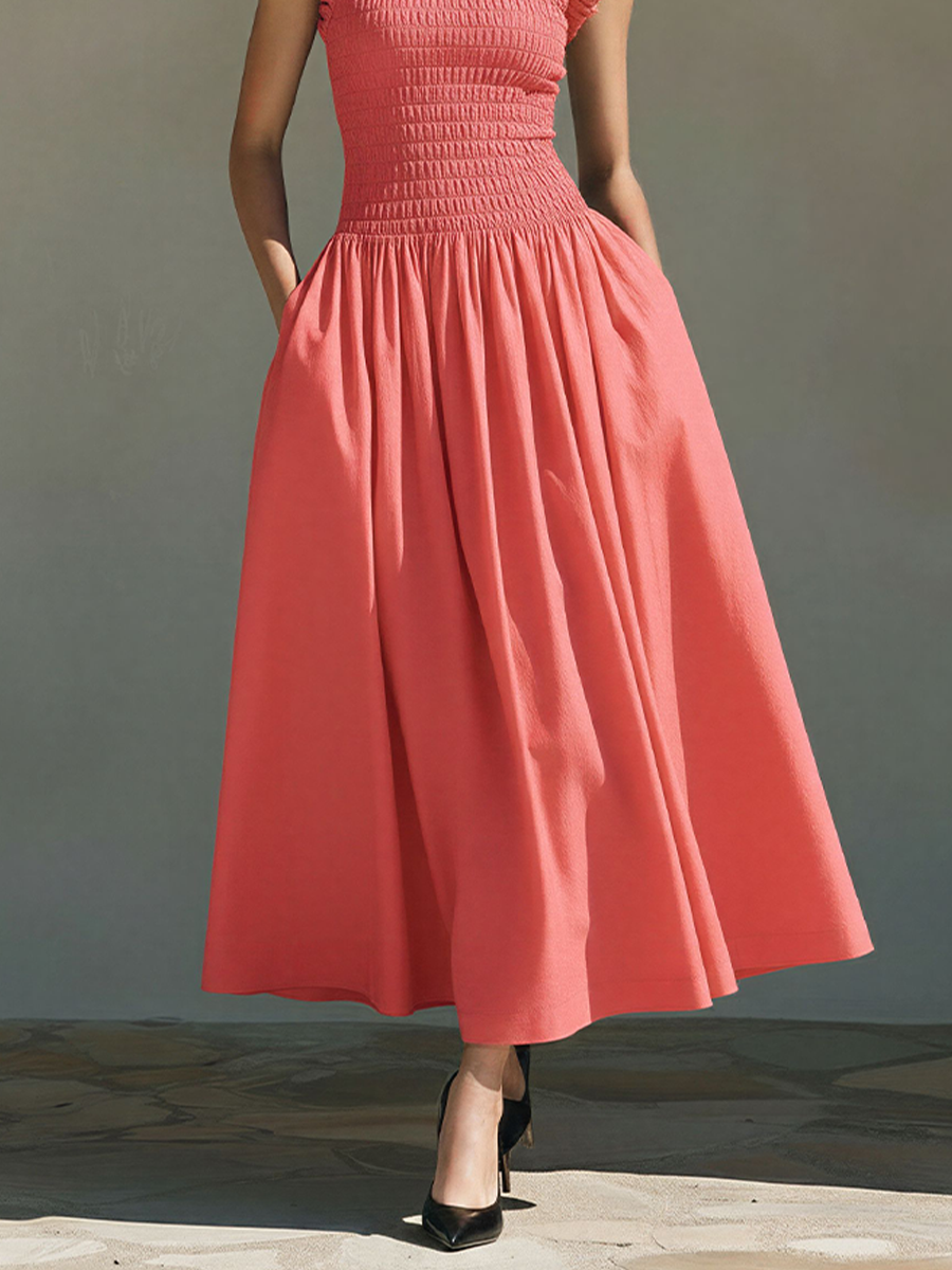 Women's Coral Cotton-Blend Smocked Midi Dress With Ruffle Trim & High Neck, Timeless Romantic-Chic Style Dress MDZ2050D9LYL