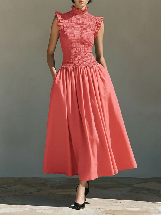 Women's Coral Cotton-Blend Smocked Midi Dress With Ruffle Trim & High Neck, Timeless Romantic-Chic Style Dress MDZ2050D9LYL