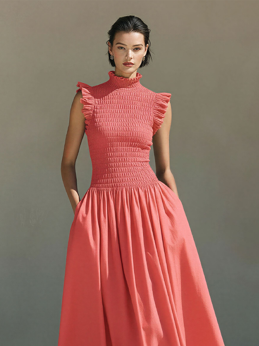 Women's Coral Cotton-Blend Smocked Midi Dress With Ruffle Trim & High Neck, Timeless Romantic-Chic Style Dress MDZ2050D9LYL