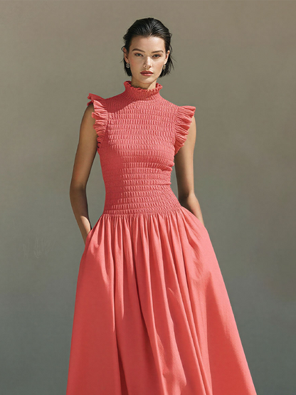 Women's Coral Cotton-Blend Smocked Midi Dress With Ruffle Trim & High Neck, Timeless Romantic-Chic Style Dress MDZ2050D9LYL