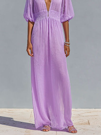 Women's Lavender Crinkled Chiffon Maxi Dress With Deep V-Neck & Smocked Waist, Timeless Romantic-Resort Style Dress MDZ2029D0LYL