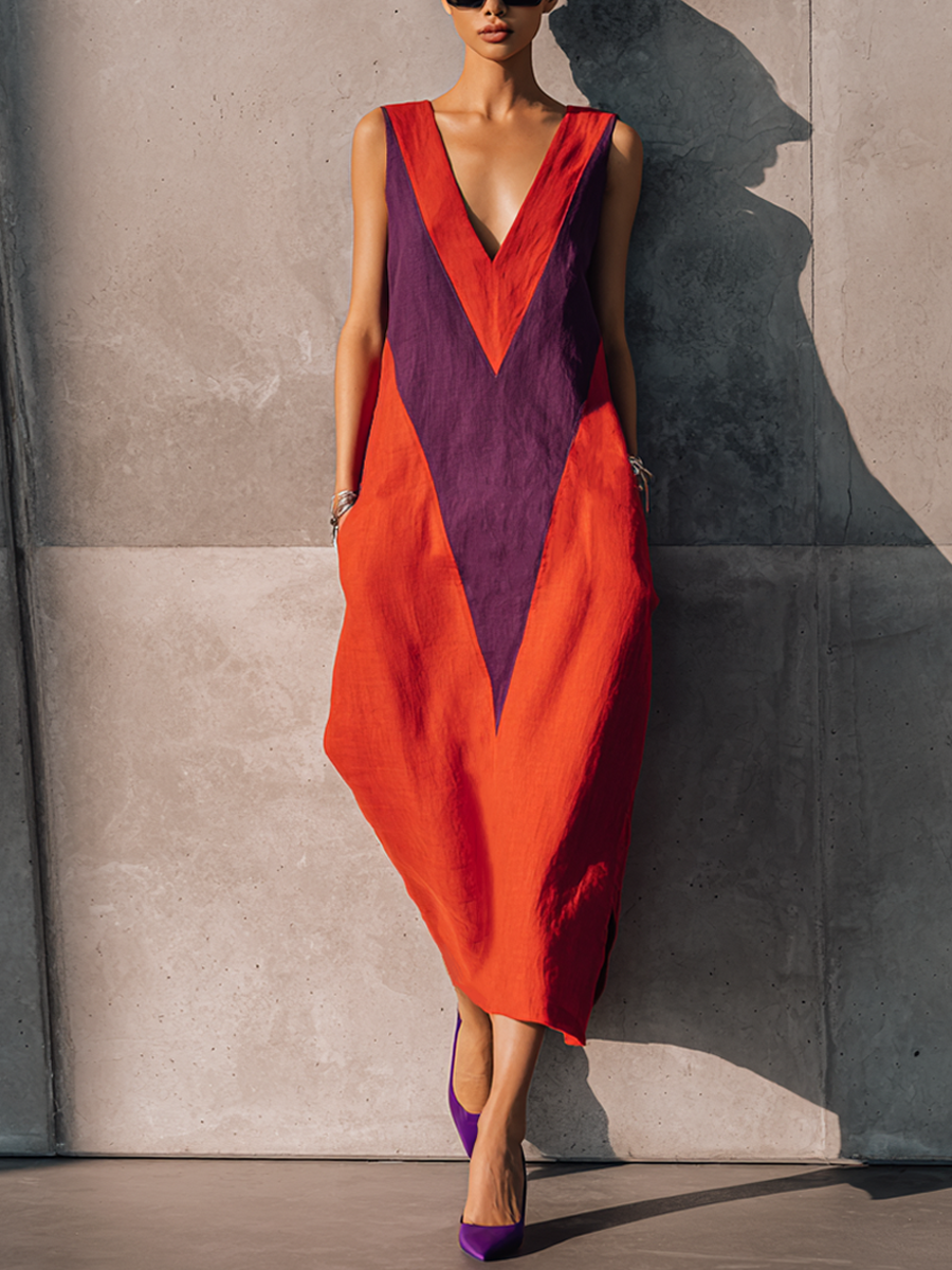 Women's Fashionable Orange And Purple Color-blocked Cotton Linen V-neck Sleeveless Long Dress MDZ2032D4GMJ