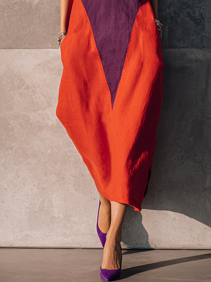 Women's Fashionable Orange And Purple Color-blocked Cotton Linen V-neck Sleeveless Long Dress MDZ2032D4GMJ