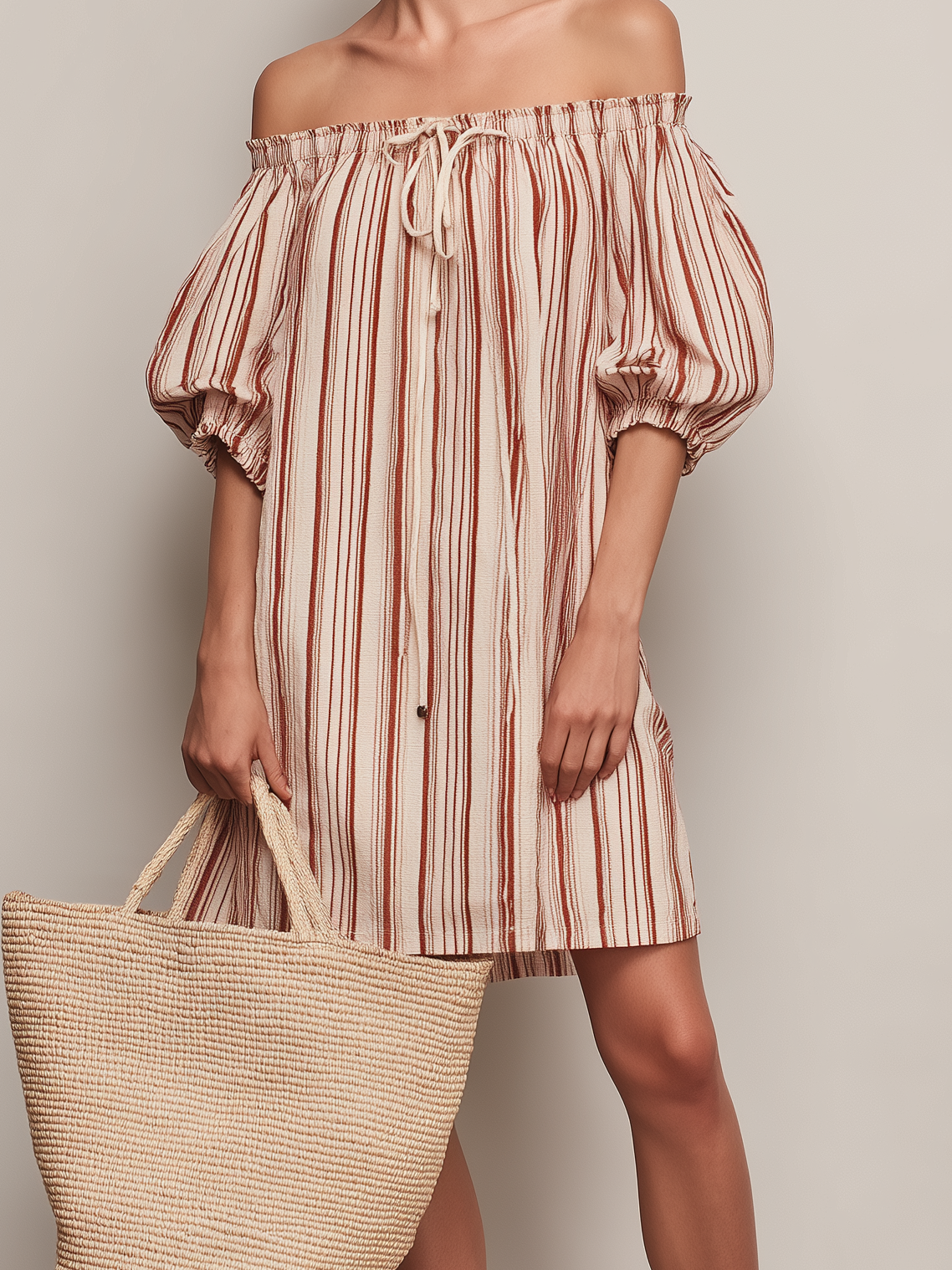 Women's Casual Deep Red & Beige Striped Woven Off-Shoulder Short-Sleeve Mini Dress MDZ2067D4LXY