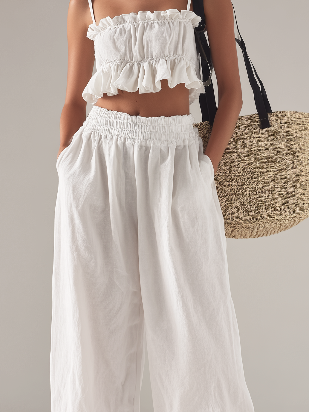 Women's Casual White Cotton-Linen Sleeveless Camisole Top Paired With Trousers MDZ2090D4LXY