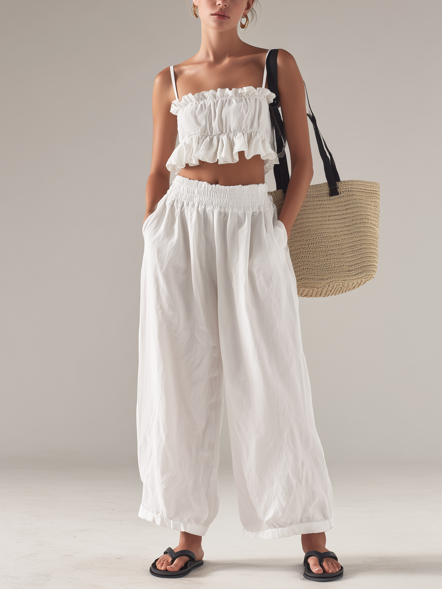 Women's Casual White Cotton-Linen Sleeveless Camisole Top Paired With Trousers MDZ2090D4LXY