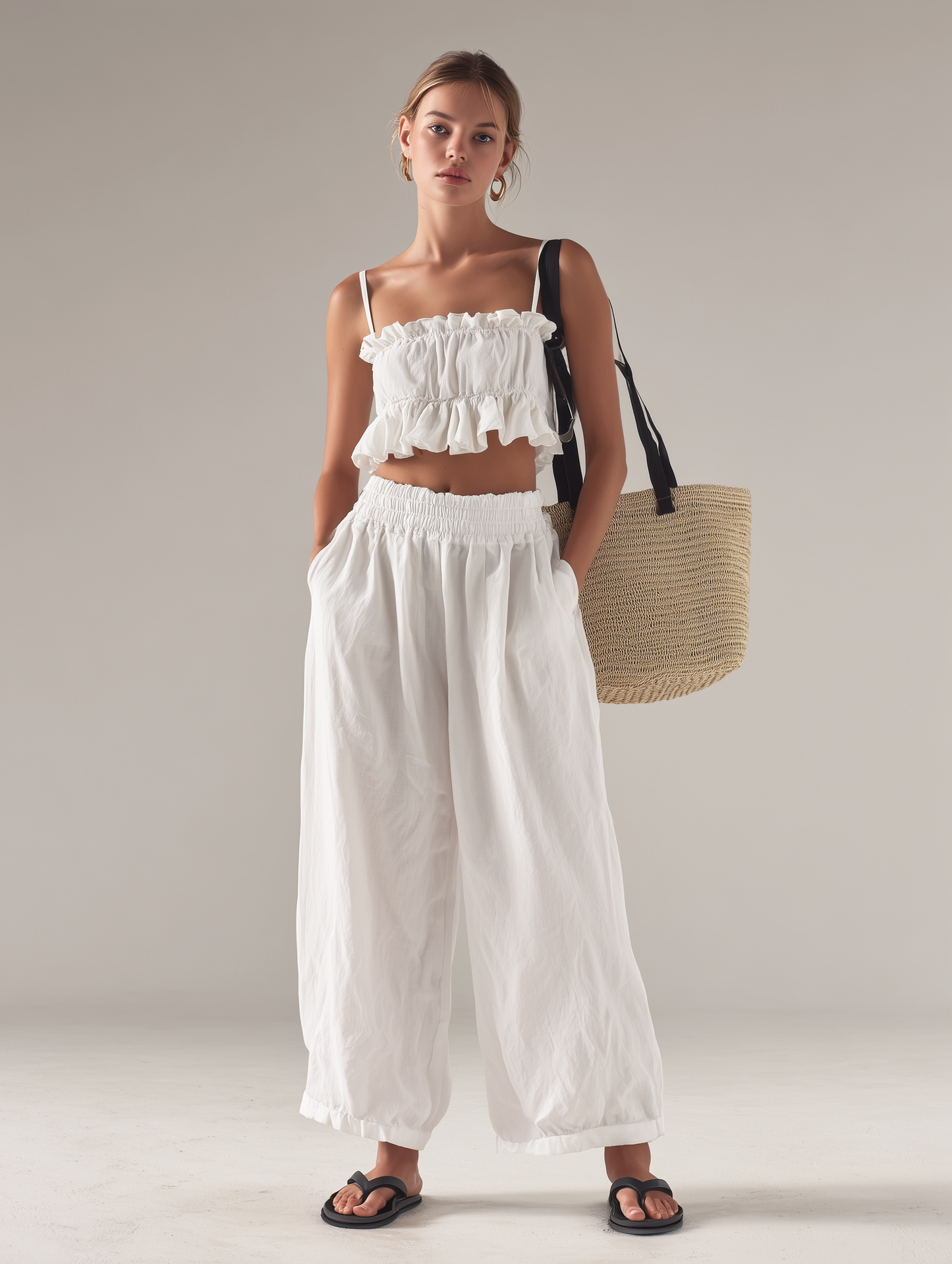 Women's Casual White Cotton-Linen Sleeveless Camisole Top Paired With Trousers MDZ2090D4LXY