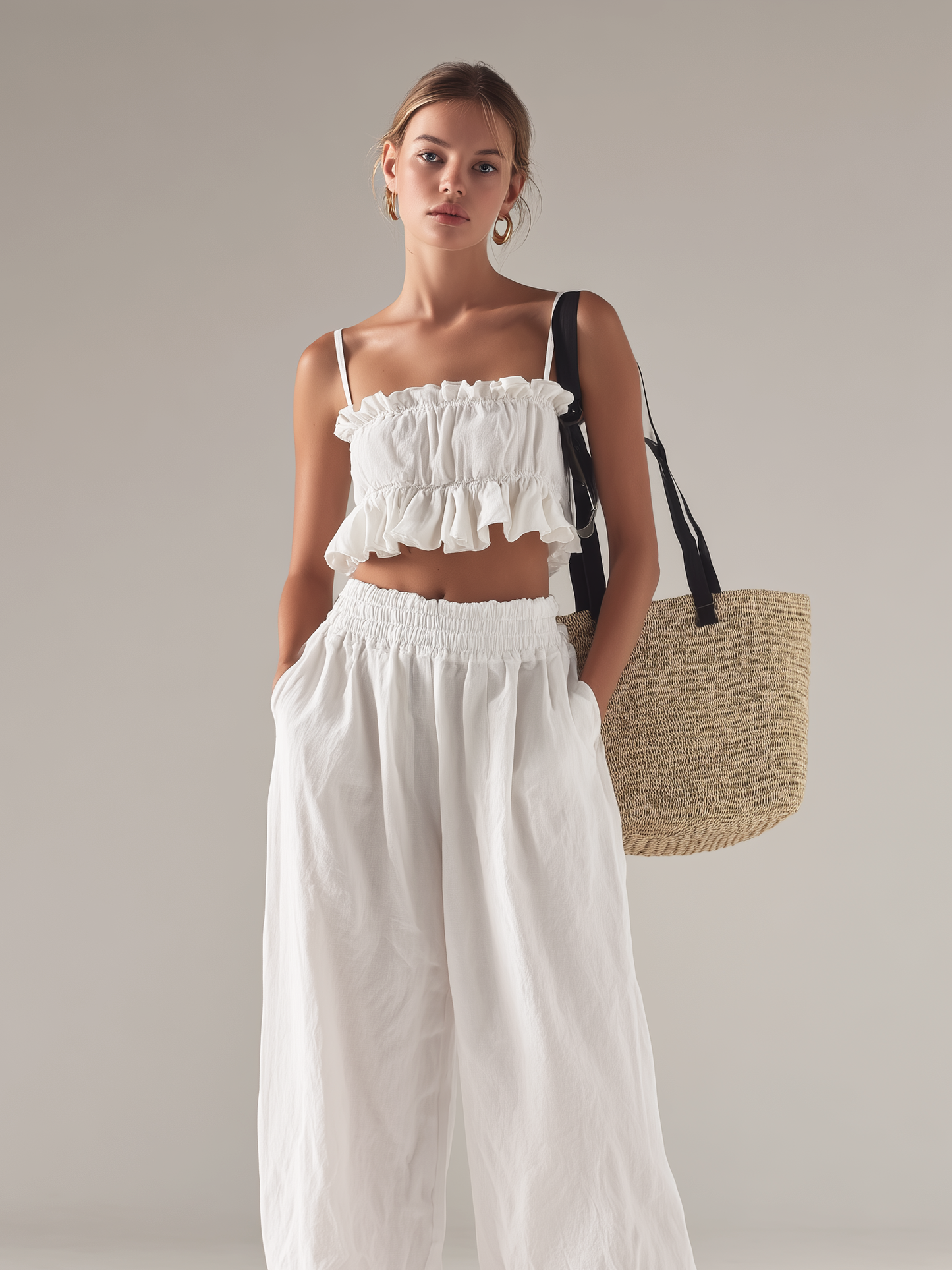 Women's Casual White Cotton-Linen Sleeveless Camisole Top Paired With Trousers MDZ2090D4LXY