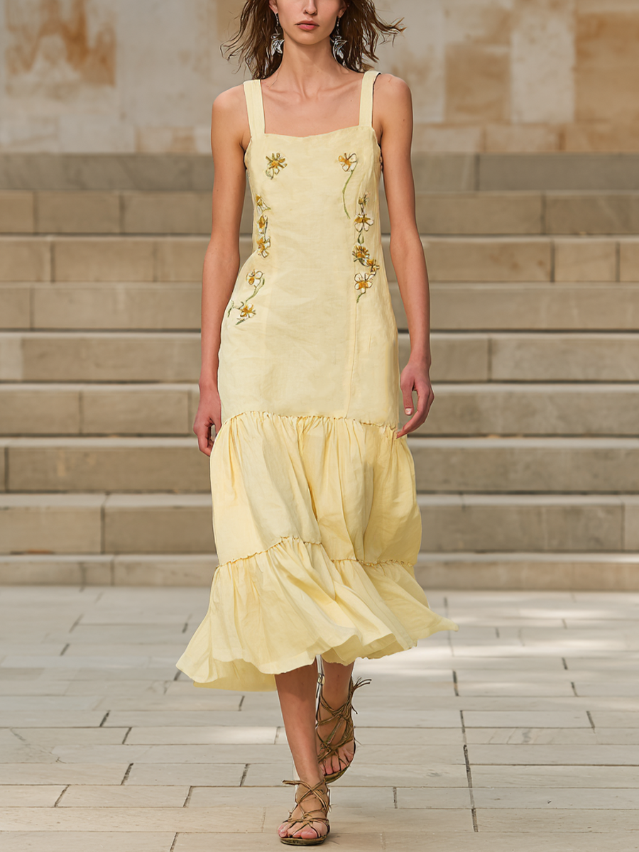 Women's Pastoral Pale Yellow Linen-Cotton Embroidered Square Neck Tiered Maxi Dress MDZ2032D1GMJ