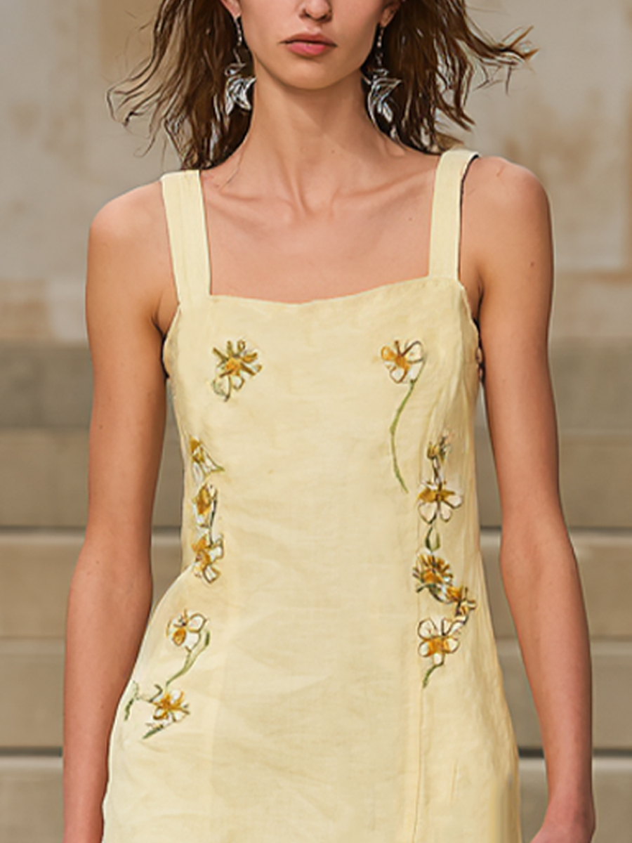 Women's Pastoral Pale Yellow Linen-Cotton Embroidered Square Neck Tiered Maxi Dress MDZ2032D1GMJ
