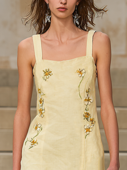 Women's Pastoral Pale Yellow Linen-Cotton Embroidered Square Neck Tiered Maxi Dress MDZ2032D1GMJ