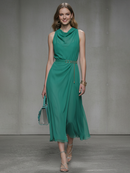 Women's Fashion Emerald Green Chiffon Sleeveless Midi Dress (Belt Not Included) MDZ2206D6GMJ