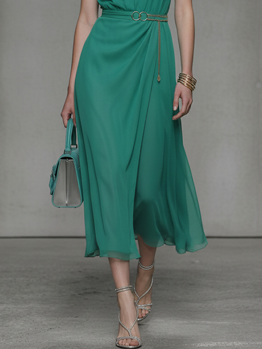 Women's Fashion Emerald Green Chiffon Sleeveless Midi Dress (Belt Not Included) MDZ2206D6GMJ