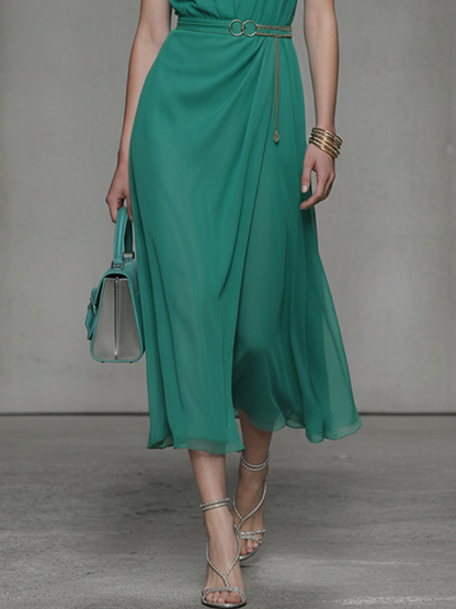 Women's Fashion Emerald Green Chiffon Sleeveless Midi Dress (Belt Not Included) MDZ2206D6GMJ