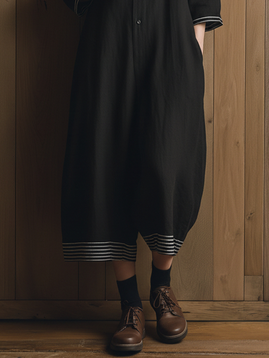 Women's Casual Style Black Cotton And Linen Striped Collared Short-Sleeved Capri Jumpsuit MDZ2052D2GMJ
