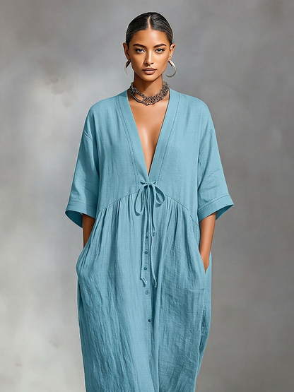 Women's Dusty Blue Linen-Blend Maxi Dress With V-Neck & Waist Tie, Timeless Boho-Resort Style Dress MDZ2100D6LYL