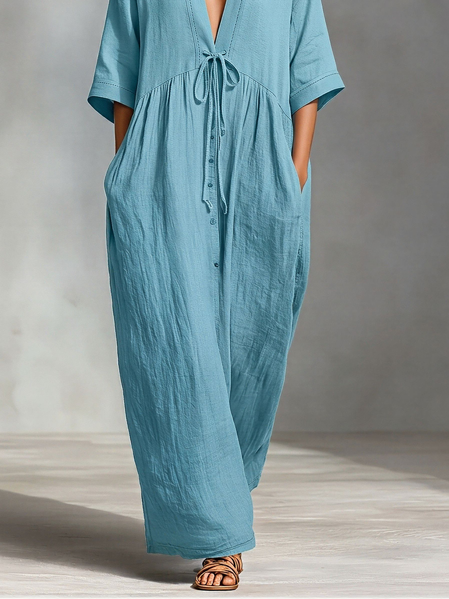 Women's Dusty Blue Linen-Blend Maxi Dress With V-Neck & Waist Tie, Timeless Boho-Resort Style Dress MDZ2100D6LYL