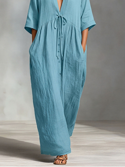 Women's Dusty Blue Linen-Blend Maxi Dress With V-Neck & Waist Tie, Timeless Boho-Resort Style Dress MDZ2100D6LYL