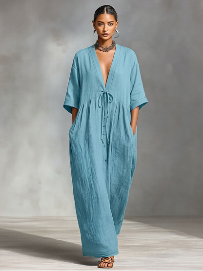 Women's Dusty Blue Linen-Blend Maxi Dress With V-Neck & Waist Tie, Timeless Boho-Resort Style Dress MDZ2100D6LYL