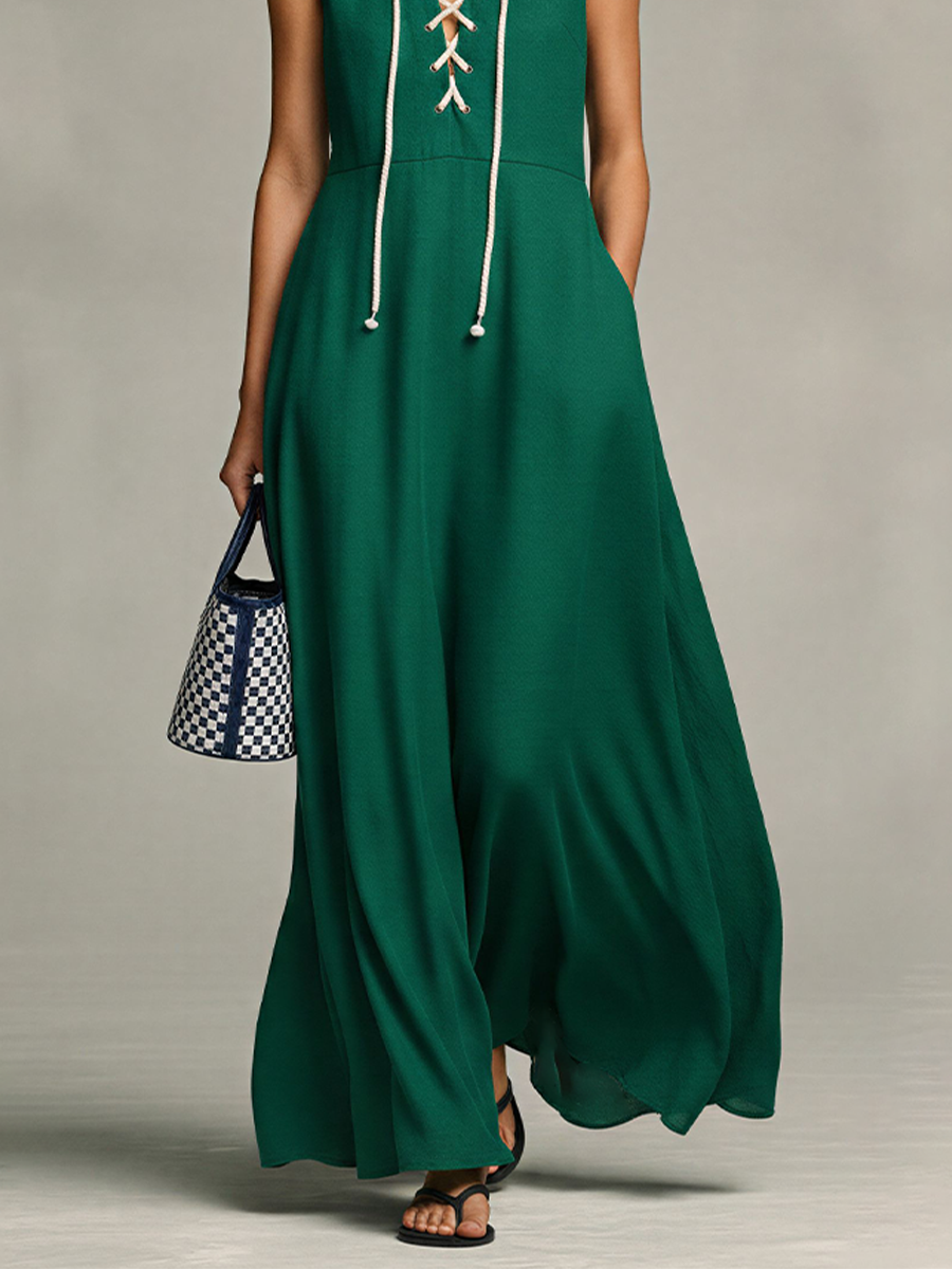 Women's Dark Green Flowy Maxi Dress With Crisscross Lace-Up Front & A-Line Silhouette, Modern Casual-Elegant Day Dress MDZ2116D4LYL