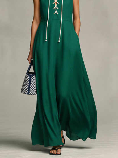 Women's Dark Green Flowy Maxi Dress With Crisscross Lace-Up Front & A-Line Silhouette, Modern Casual-Elegant Day Dress MDZ2116D4LYL