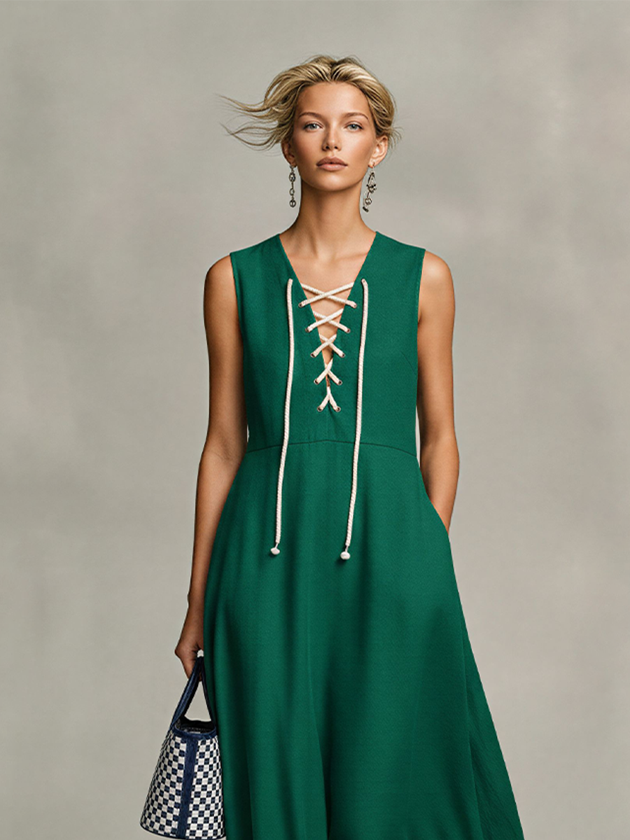 Women's Dark Green Flowy Maxi Dress With Crisscross Lace-Up Front & A-Line Silhouette, Modern Casual-Elegant Day Dress MDZ2116D4LYL