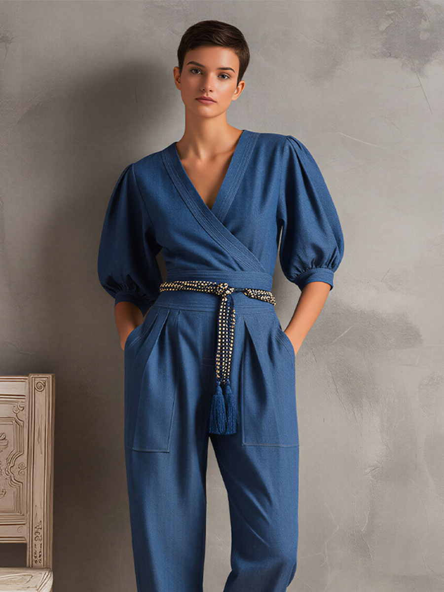Women's Dark Blue Denim-Look Jumpsuit With Surplice Neck & Cuffed Ankles, Modern Effortless-Elegant Day Outfit MDZ2132D6LYL
